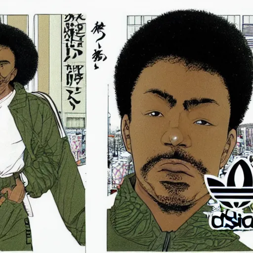 Image similar to illustration by katsuhiro otomo, black man with afro hair, raspy beard stubble, wearing an adidas army green jacket, in the streets of tokyo, akira style, by katsuhiro otomo