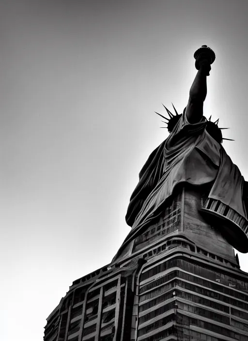 Prompt: giant monster walking between buildings, and it has the angry face of the statue of liberty