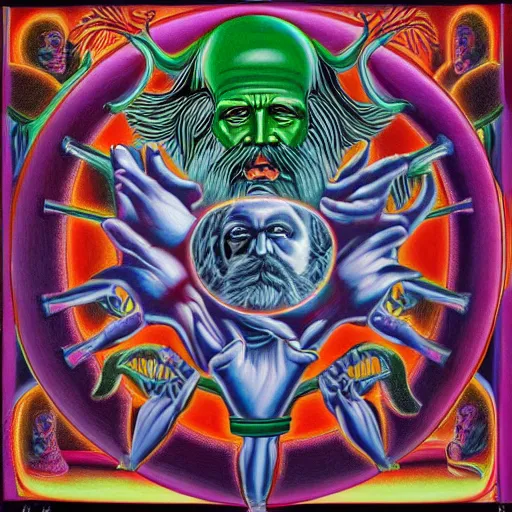 Prompt: karl Marx painting by alex grey in the style of a tool album cover