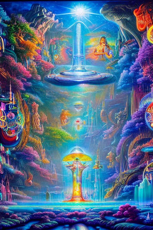 Prompt: a realistic detailed cinematic painting of a beautiful clear dichoric glass wonderland, vibrant expanded consciousness of human evolution, spiritual enlightenment, opal statues, by david a. hardy, kinkade, lisa frank, wpa, public works mural, socialist