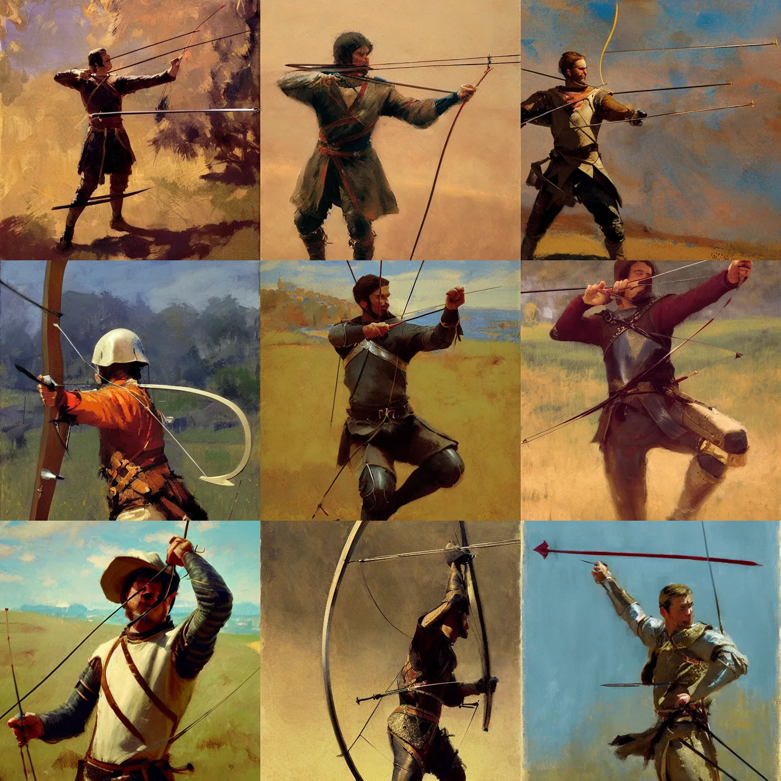 Prompt: medieval archer aiming a bow, elegant, close - up, impressionistic, craig mullins, greg manchess, liepke, ruan jia, jeffrey catherine jones, bernie fuchs