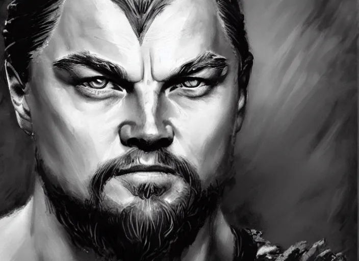 Prompt: a highly detailed beautiful portrait of leonardo dicaprio as kratos, by gregory manchess, james gurney, james jean