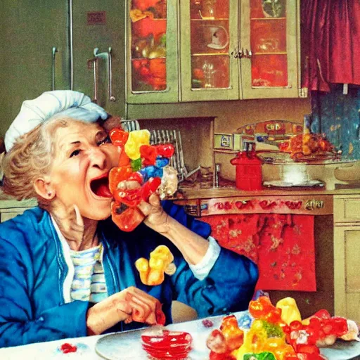 Image similar to hyper realistic hight detailed grandmother with a big mouth eating gummi bears on the table in the russian kitchen, by norman rockwell, bright colors, 4 k, 1 6 k, 3 2 k, photorealistic, cartoon style