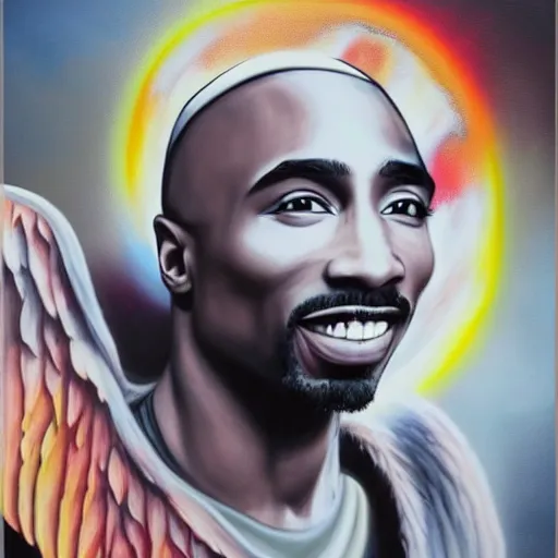 Prompt: Tupac as an airbrush painting with angel wings and a halo