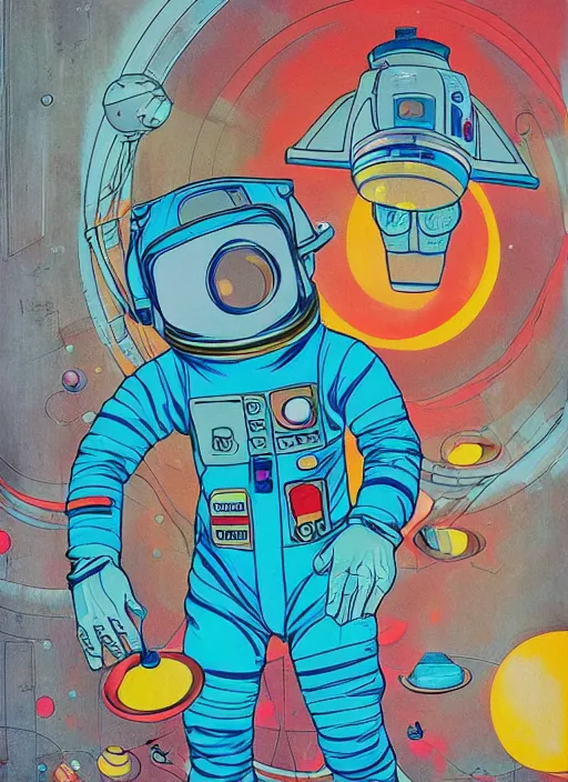 Image similar to seen through a window, futuristic astronaut floating in space, james jean artwork, colourful