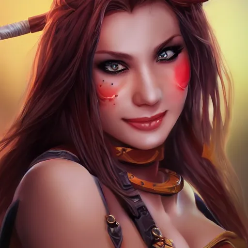 Image similar to very beautiful female barbarian, smiling, flirty, eye contact, perfect face, perfect body, drawn by artgerm