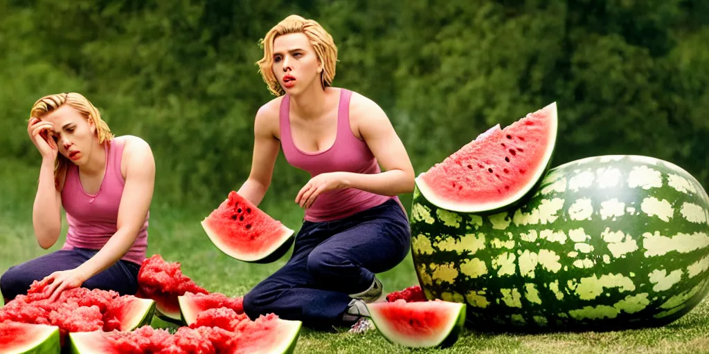 Image similar to scarlett johansson kicking and smashing a watermelon, film still, highly detailed, film grain, behind the scenes, photorealism