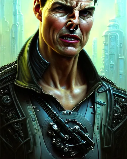 Prompt: front shot of a tom cruise cyberpunk criminal mastermind character, intricate, elegant, highly detailed, centered, (((artstation, concept art, smooth, sharp focus, artgerm, Tomasz Alen Kopera, Peter Mohrbacher, donato giancola, Joseph Christian Leyendecker, WLOP, Boris Vallejo))), mugshot!!!!!, ugly!!!!!!, octane render, nvidia raytracing demo, grainy, muted