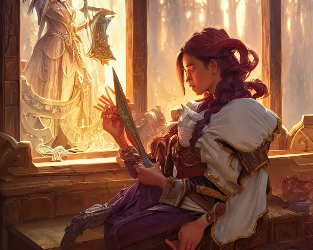 Image similar to shop window for magical weapons, close up shopkeeper, magic sword, deep focus, d & d, fantasy, intricate, elegant, highly detailed, digital painting, artstation, concept art, matte, sharp focus, illustration, hearthstone, art by artgerm and greg rutkowski and alphonse mucha