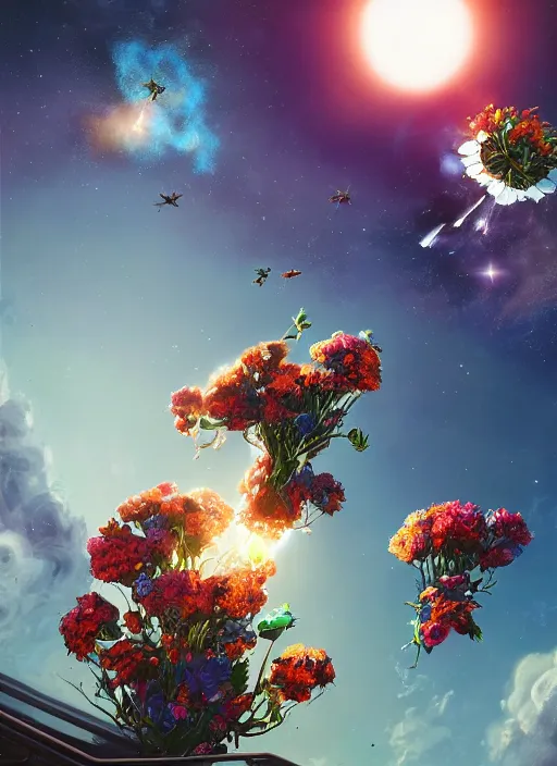 Prompt: An epic fantastic realism comic book style painting of the most beautiful flowers launched into space, bouquets hurdling toward the nearest star, fisheye lens, unreal 5, DAZ, hyperrealistic, octane render, dynamic lighting