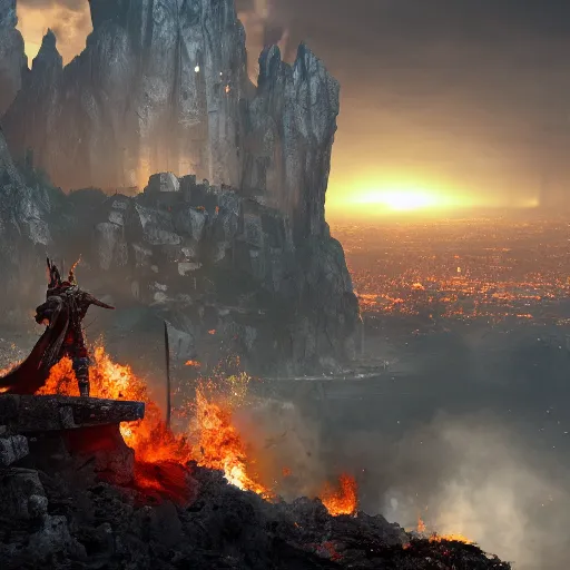 Image similar to warlord standing over a cliff with a city burning behind unreal 4k, digital art,