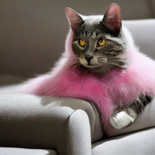 Image similar to a anthropomorphic cat with pink fur sitting on a couch