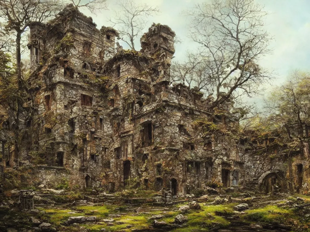 Image similar to A beautiful painting of a dilapidated ancient castle building in the wood, by Noriyoshi Ohrai, Trending on artstation, very detailed