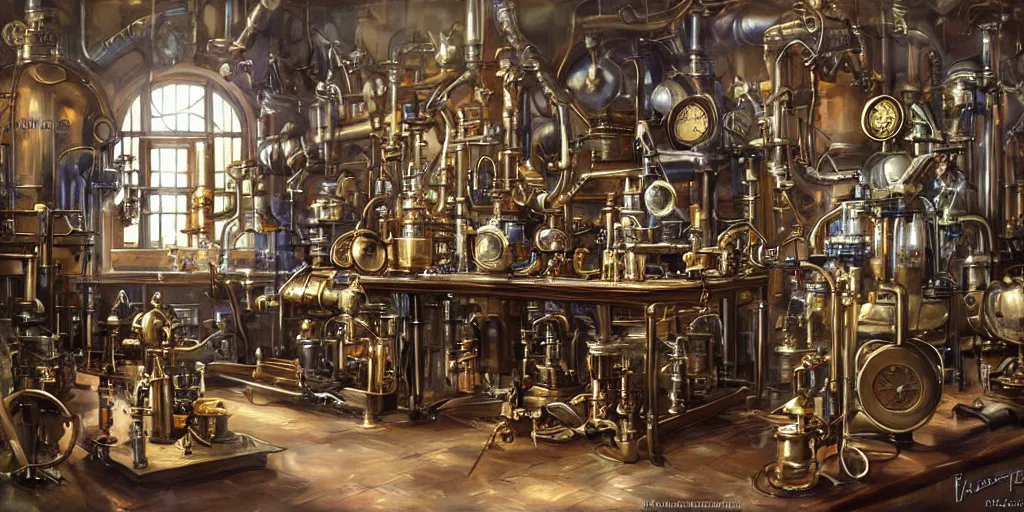 Prompt: Steampunk laboratory By Konstantin Razumov, highly detailded