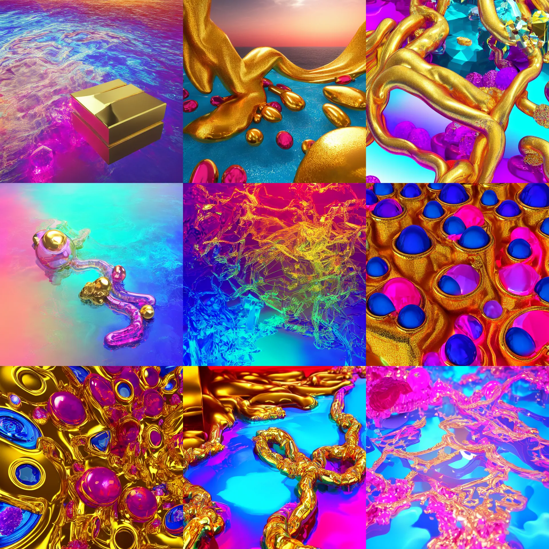 Prompt: vivid dream of vaporwave bliss manifold, blissful vibe, gold, ruby, quartz, sapphire, glass, quicksilver, water, air, HDR, octane render, 8k, 4k