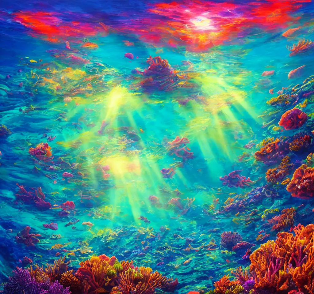 Image similar to underwater neon coral reef landscape magical realism painting with sun rays coming from above, neon pastel colors