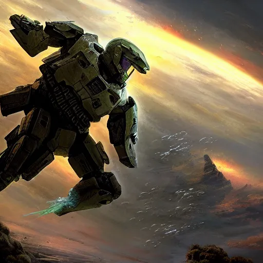 Prompt: Master chief falling from orbit, atmospheric re-entry, UHD, 4K, highly detailed, sharp focus, photorealistic, by Thomas Kincade, Greg Rutkowski, Trending on Art station.