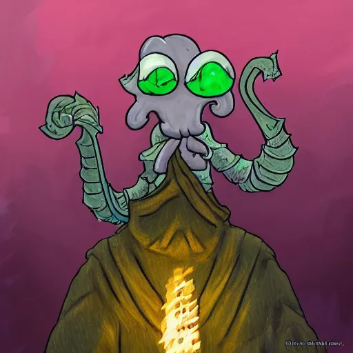 Prompt: squidward as a dark souls boss by Sean murray