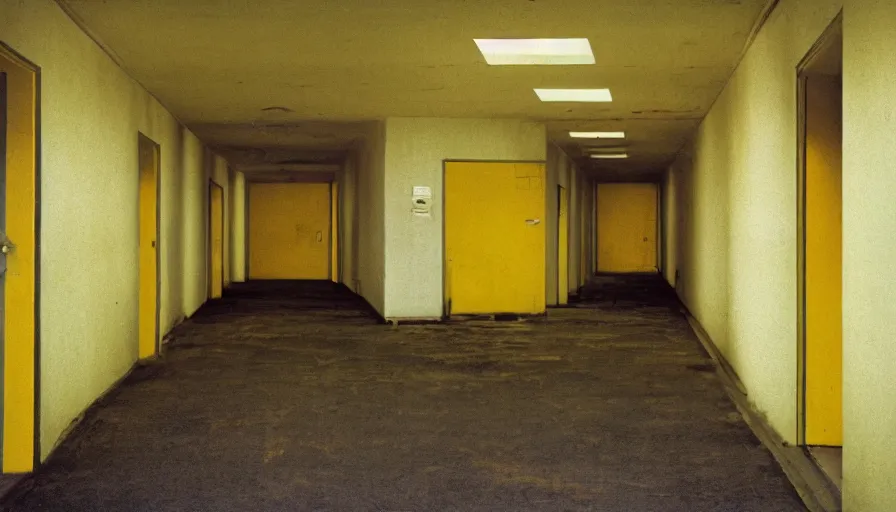 Image similar to 60s movie still of a sovietic stalinist style empty bunker hallway with yellow tiles, cinestill 800t 50mm eastmancolor, liminal Space style, heavy grain