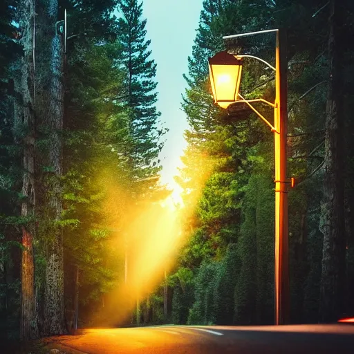 Prompt: photo a road surrounded by pine trees, wooden buildings with neon signs on sides of roads, old fashioned street lamps lining the road, beautiful photography, volumetric lighting, flickr, artstation, 8 k, moody lighting