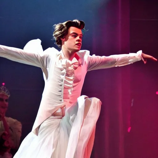 Image similar to Harry styles dressed as a princess preforming ballet