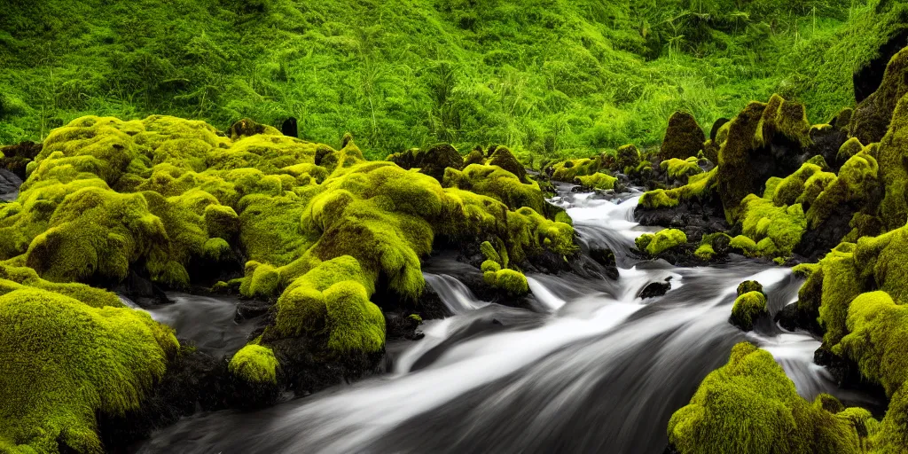 Prompt: photo of a landscape with lush forest, wallpaper, very very wide shot, iceland, new zeeland, green flush moss, national geographic, award landscape photography, professional landscape photography, waterfall, stream of water, hibiscus flowers, big sharp rock, ancient forest, primordial, sunny, day time, beautiful