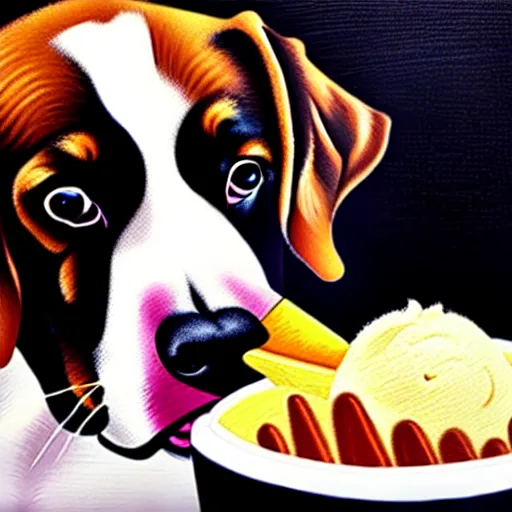 Image similar to painting of a dog eating ice cream