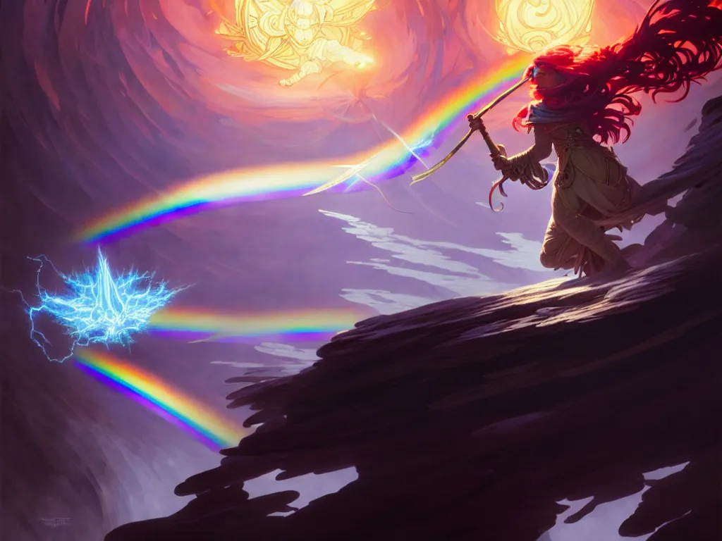 Image similar to concept art of a wizard defeating the darkness with a rainbow spell, up close, d & d, rpg, trending on artstation, highly detailed, intricate, high cohesion, award winning painting, cgi, art by greg rutkowski and alphonse mucha and anton fadeev and john howe