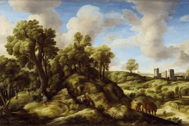 Prompt: pastoral landscape with ruined castle in the background by claud lorrain, french 1 6 0 0 - 1 6 8 2