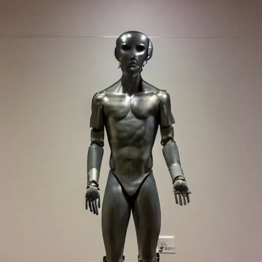 Image similar to “a realistic detailed photo of a guy who is an attractive humanoid who is half robot and half humanoid, who is a male android, college wrestler OSU Daton Fix, shiny skin, posing like a statue, blank stare, at the museum, on display”