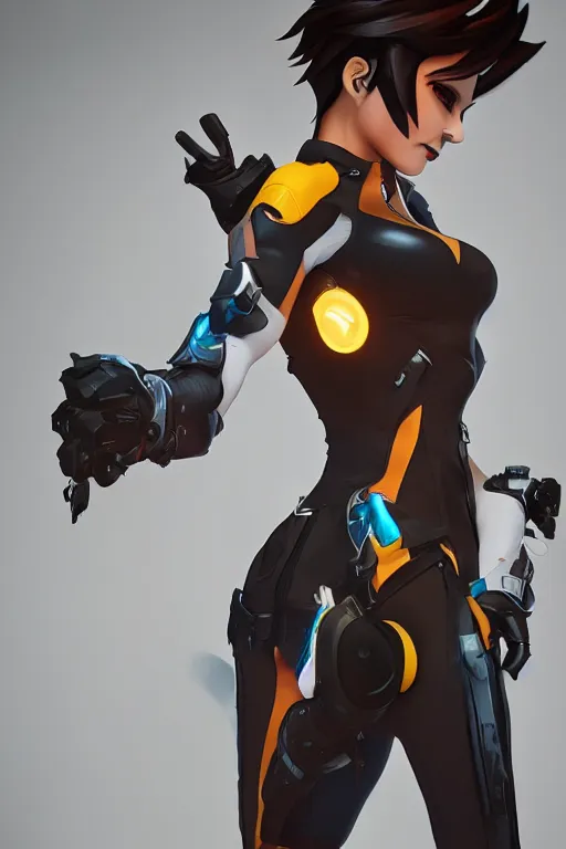 Prompt: tracer from overwatch doing a pin up pose, dark room, cinematic, volumetric lighting, hyperdetailed photograph