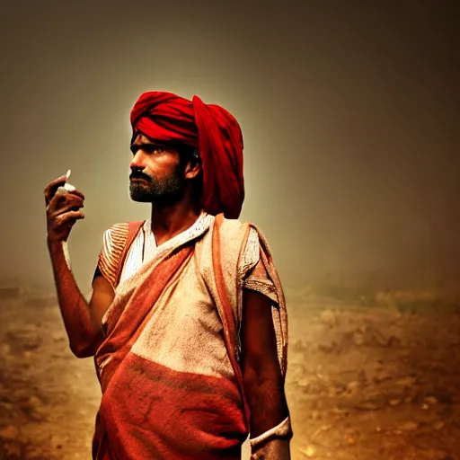Image similar to a dramatic portrait of worker from india, cinematic lighting
