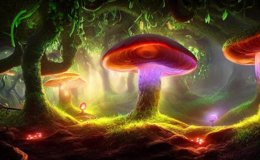 Image similar to a beautiful and stunning professional digital artwork of a glowing mushroom cave, haze, spores floating in the air, vines, water, volumetric lighting, hyperrealistic, rtx on, ultra detail