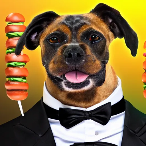 Image similar to a beautiful hotdog in space wearing a tuxedo with colorful bright green eyes, medium shot, hd, 8k, hyper-realism, detailed,