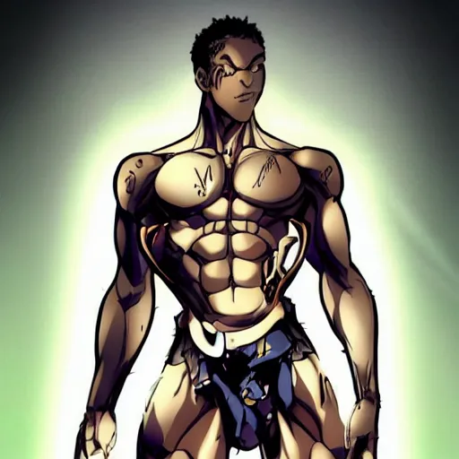 Prompt: black male cyborg profile body modifications calvin klein underwear advertisement jojo's bizzare adventure anime art hirohiko araki