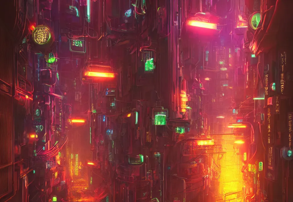 Image similar to a futuristic cyberpunk japanese izayaka alley with neon lights and lanterns, soft glow, intricate, cybernetic, viewed from above, trending on artstation, octane render, unreal engine, colorful, in the style of chris foss, rodger dean, moebius, michael whelan, and gustave dore