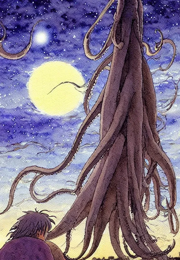 Image similar to a simple watercolor studio ghibli movie still fantasy concept art of a giant squid from princess mononoke ( 1 9 9 7 ) in stonehenge. it is a misty starry night. by rebecca guay, michael kaluta, charles vess