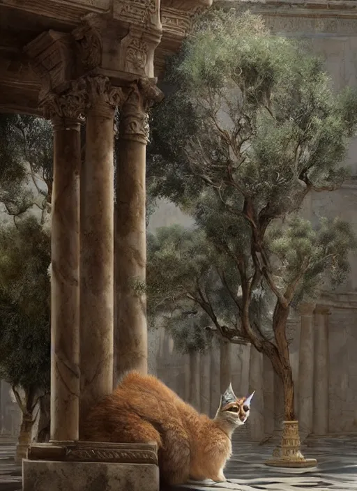 Image similar to hyper realistic fluffy caracal in ancient greek city, marble columns, temple, olive trees, atmospheric beautiful details, strong composition painted by kim jung giu weta studio rutkowski, james gurney and greg rutkowski, and lucasfilm