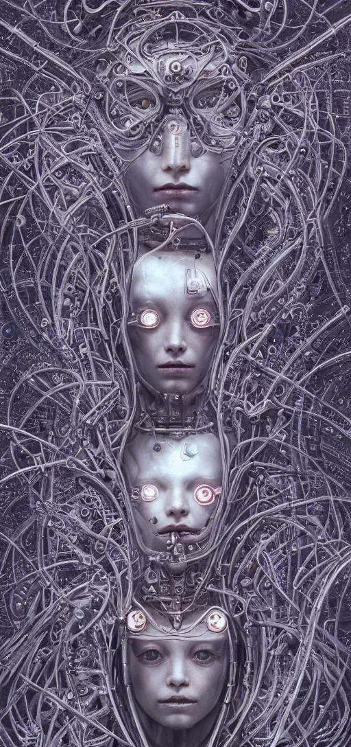 Image similar to female robot pilot, mechanical creature, electronic wires relays computer nerves, girl face, dystopian surrealism, alex ries zdzisław beksinski giger, very intricate details, demon chinese female, deep luminous eyes contain galaxies, head contains nebula, deep aesthetic, concept art, carved silver circuits diodes resistors semiconductors, highly ornate