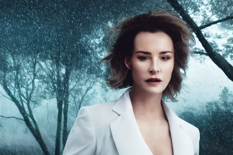 Image similar to a cinematic headshot portrait of a beautiful middle aged woman, wearing futuristic white suit on the top of a mountain, overlooking a vast serene forest, large diffused light, neon light, 4 k, ultra realistic, dramatic lighting, rain, clouds, fog, vogue, fashion, glamour, magazine spread, by marco mazzoni and jessica rossier