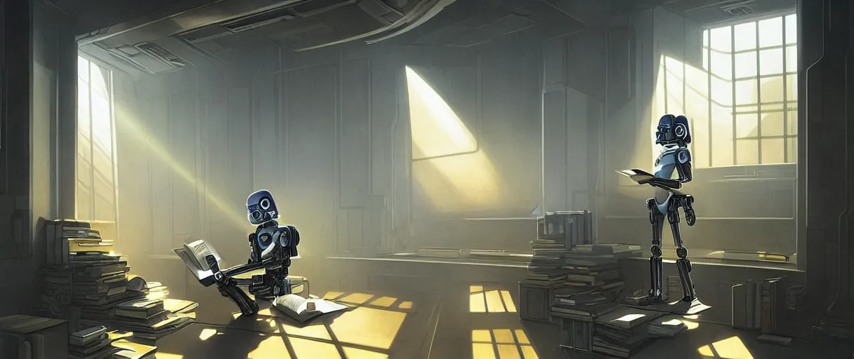 Image similar to digital painting of a droid robot reading a book, concept art, by Ralph mcquarrie, sunlight pouring through window, large scale, high detail, futuristic, godrays, volumetric lighting, warm lighting