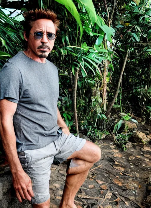 Prompt: a full portrait photo of robert downey jr holiday in iconic spot in bali, f / 2 2, 3 5 mm, 2 7 0 0 k, lighting, perfect faces, award winning photography.
