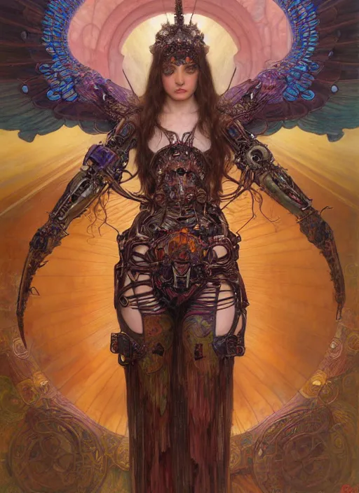 Image similar to hyper detailed masterpiece evil angel girl warrior by donato giancola and tom bagshaw, face by artgerm and edmund leighton, and alphonse mucha, trending on artstation, colorful, psychedelic aesthetic, ornate, background by gustav klimt, 8 k, biomechanical, majestic, volumetric lighting, porcelain skin, concept art, sharp focus