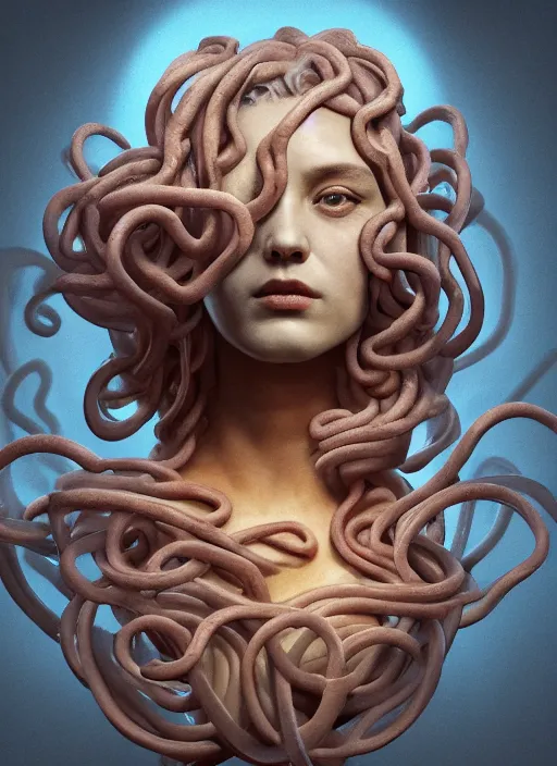 Image similar to medusa made of soft wax, wooden art nouveau swirls, strong subsurface scattering, cables, translucent tubes, subsurface scattering, in the style of ruan jia and beeple and giger, subsurface scattering, mystical colors, rim light, dramatic lighting, 8 k, stunning scene, raytracing, octane render, trending on artstation