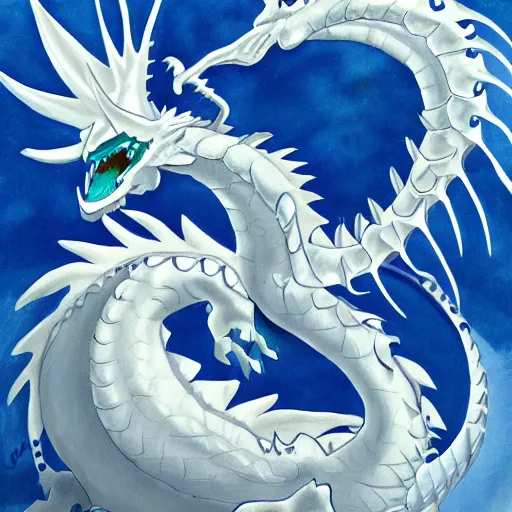 Prompt: blue eyes white dragon, illsuion, illustration, painting