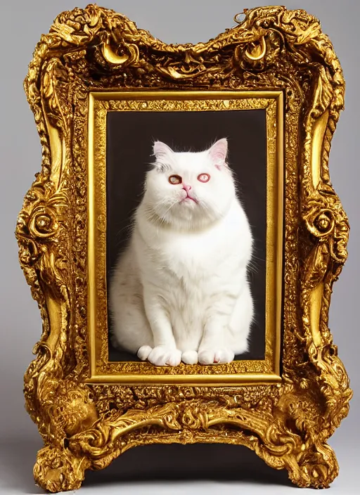 Image similar to a magnificent portrait of a cross - eyed cute fluffy fat cat on a precious embroidered velvet cushion on a neo - rococo gilded little bed with precious stones, ball of yarns all around, by pierre et gilles, photorealistic, canon r 3, photography, wide shot, symmetrical features, symmetrical pose, wide angle shot, standing pose, feet on the ground