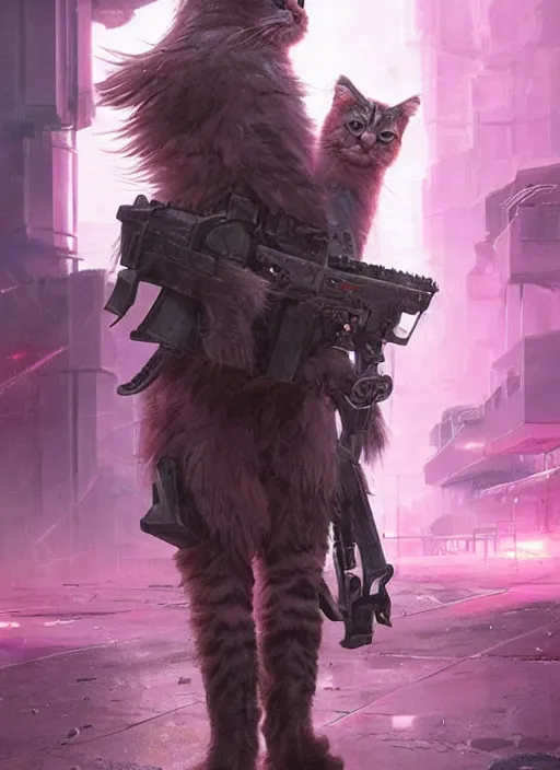 Image similar to a full body portrait of a futuristic cyberpunk british longhair cat soldier in war scene, epic lighting, pink vibe, ultra detail, hd, by greg rutkowski