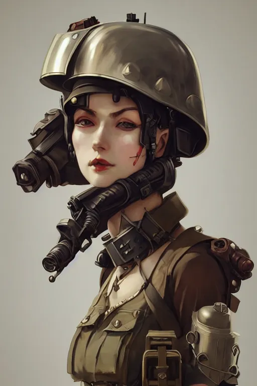 Image similar to dieselpunk soldier girl, helmet, shoulders, chest, portrait, armored, highly detailed, sharp focus, art, illustrations by wlop and ayanamikodon and irakli nadar and loish and rossdraws