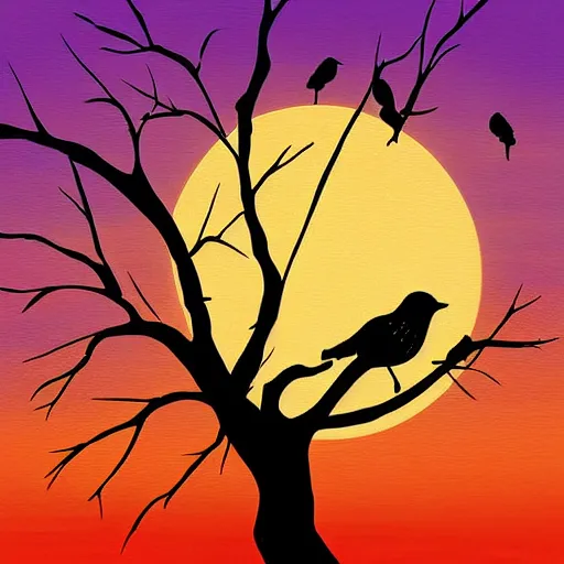 Image similar to birds on cherry tree, serene, graceful, sunset at golden hour, digital painting, Dada