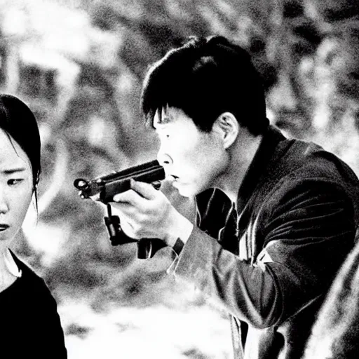 Prompt: low resolution filmstill of a north Korean thriller in the style of Tsui Hark and Ishirō Honda